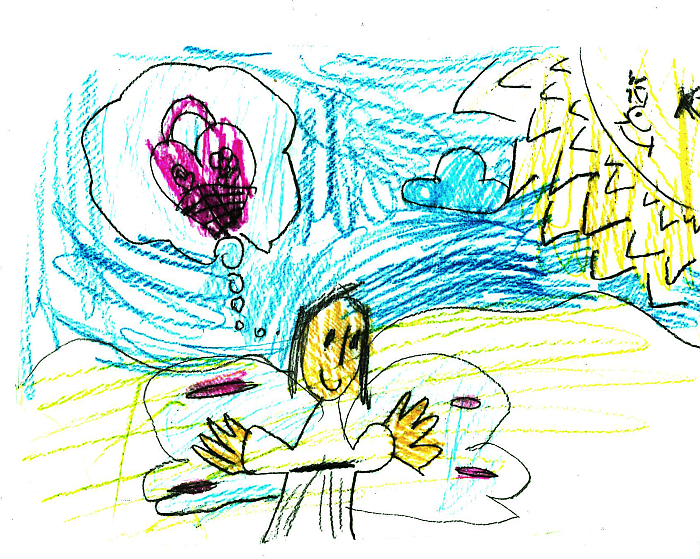детский рисунок ангел думает о розовой сумке рождество